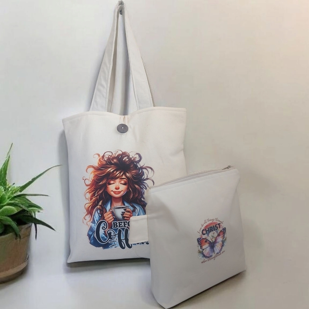 Artistic White Tote and Pouch Set